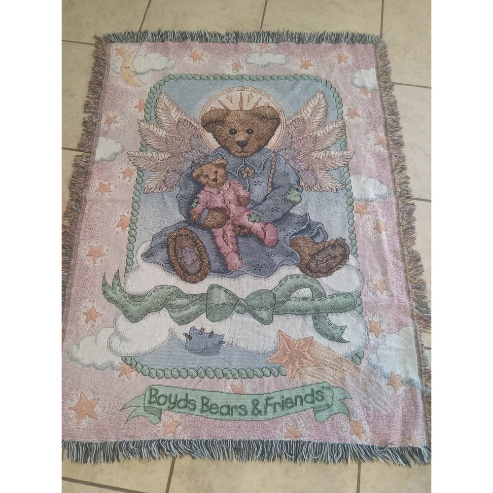Boyds Bears & Friends Woven Tapestry Throw Blanket Angel Teddy Bear Pink Blue